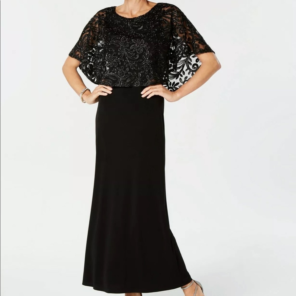 NWOT Embroidered floral capelet evening gown black